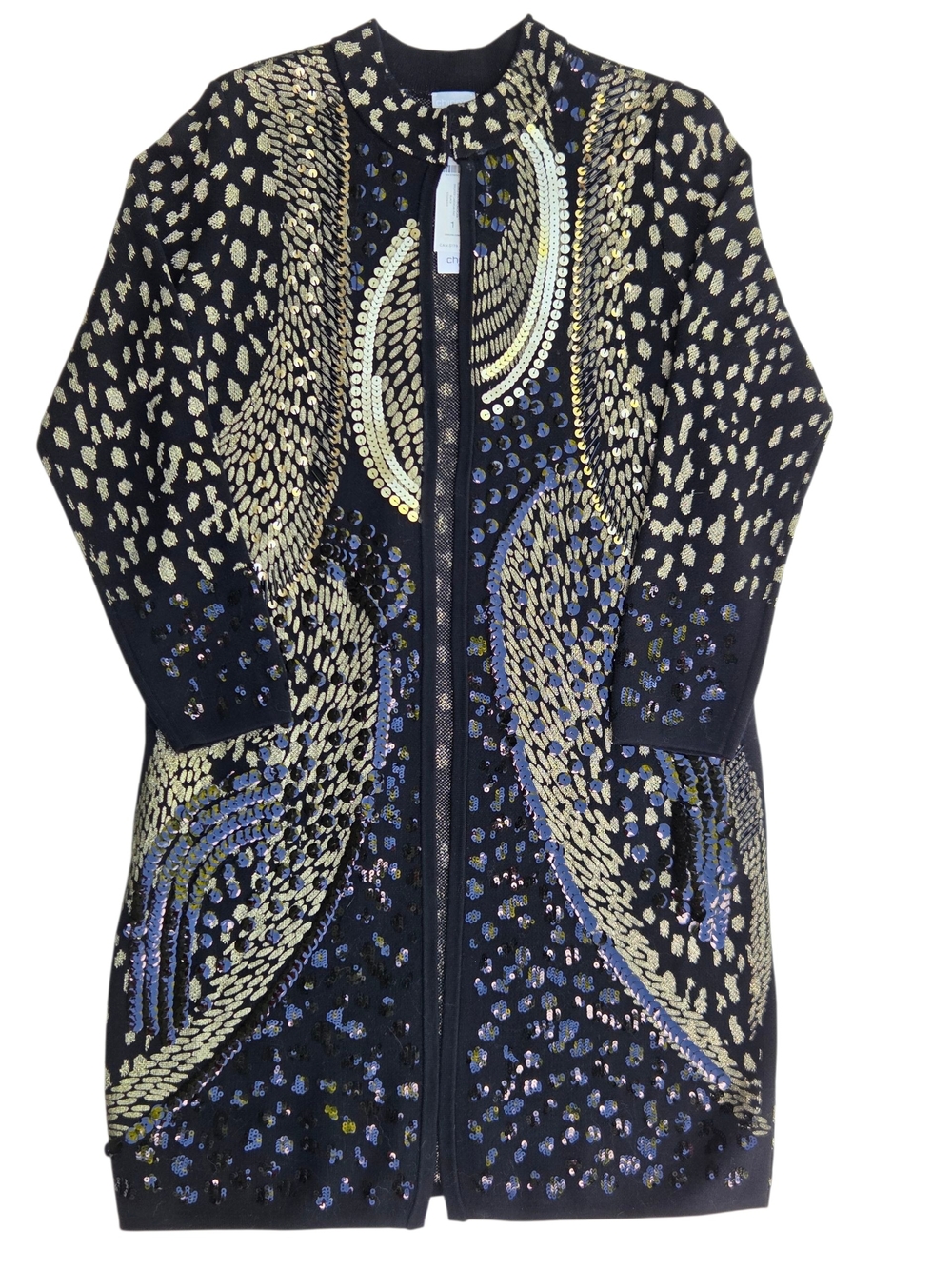 NWT Chico's Cardigan Sweater Black & Gold Sequin Metallic Open Front Size-1(M) - Picture 2 of 14